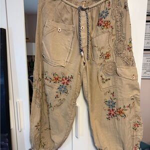 Free People Drawstring Waist Pants with embroidery and crochet details